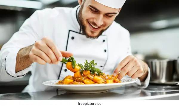 Chef Preparing Delicious Dish in Kitchen