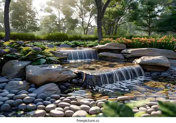 A beautiful waterfall in a lush green garden