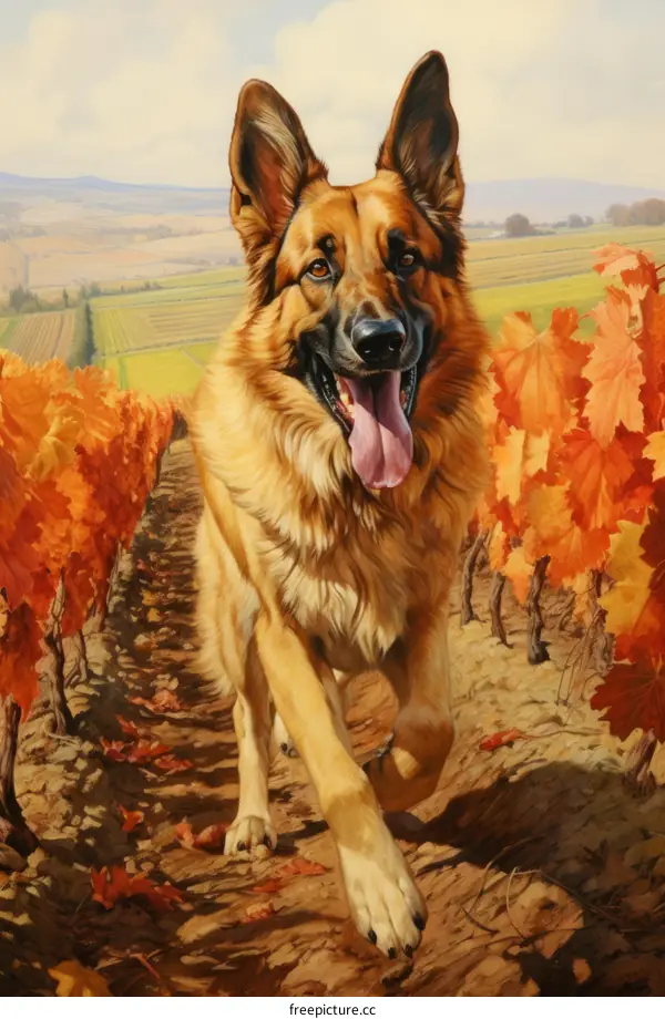 A German Shepherd dog running through a vineyard in the fall