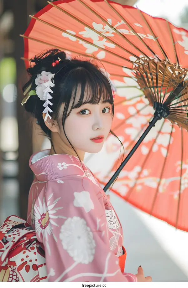 Woman in Pink Kimono with Red Umbrella Holding a Japanese Umbrella