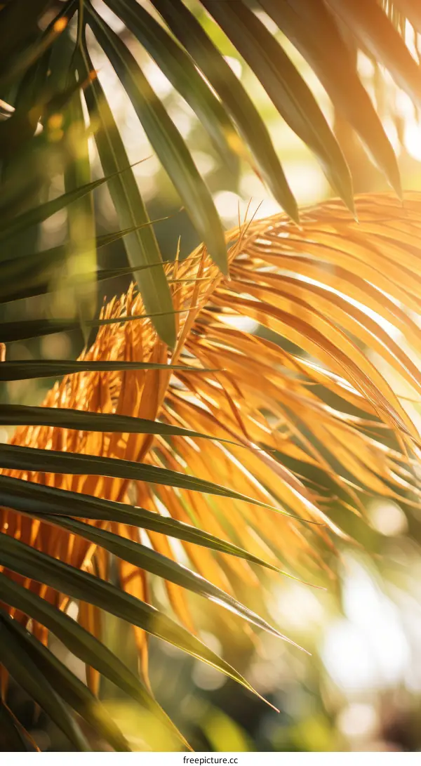 Close-up of a palm tree leaf with the sun shining through it