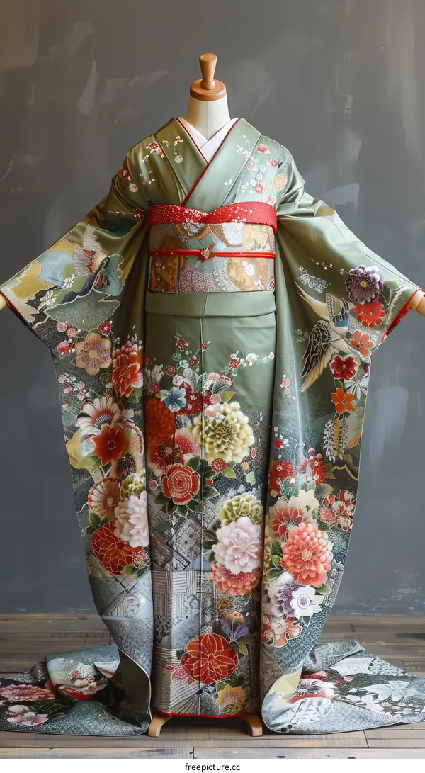 A woman wearing a green kimono with floral patterns