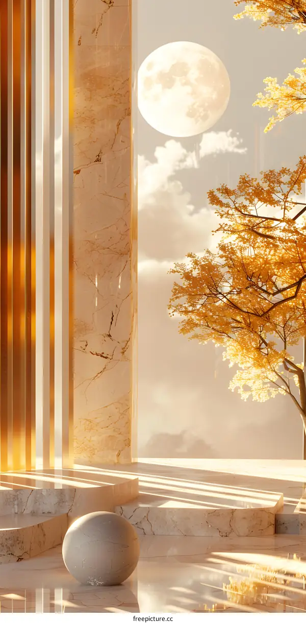 rays of light shining through marble pillars and illuminating a golden tree