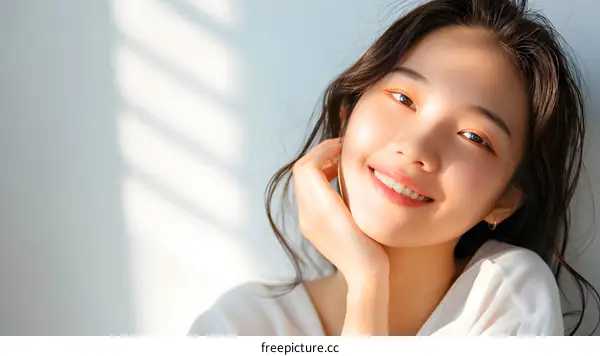 Smiling Asian Woman with Long Black Hair Portrait