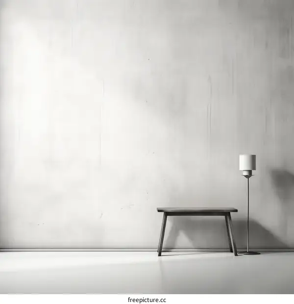 An empty room with a bench and a lamp