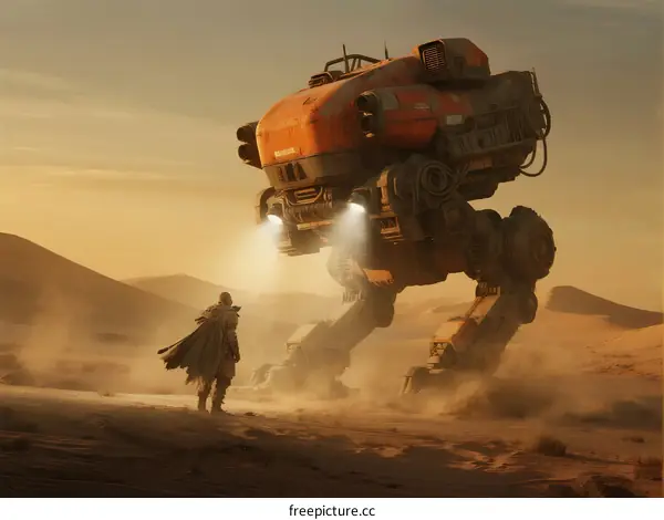 A lone figure faces a large mechanical walker in a desert landscape