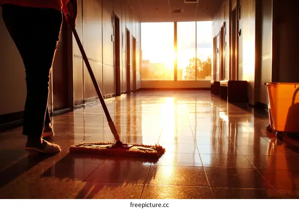 Cleaning Staff Mopping a Polished Office Corridor at Sunrise
