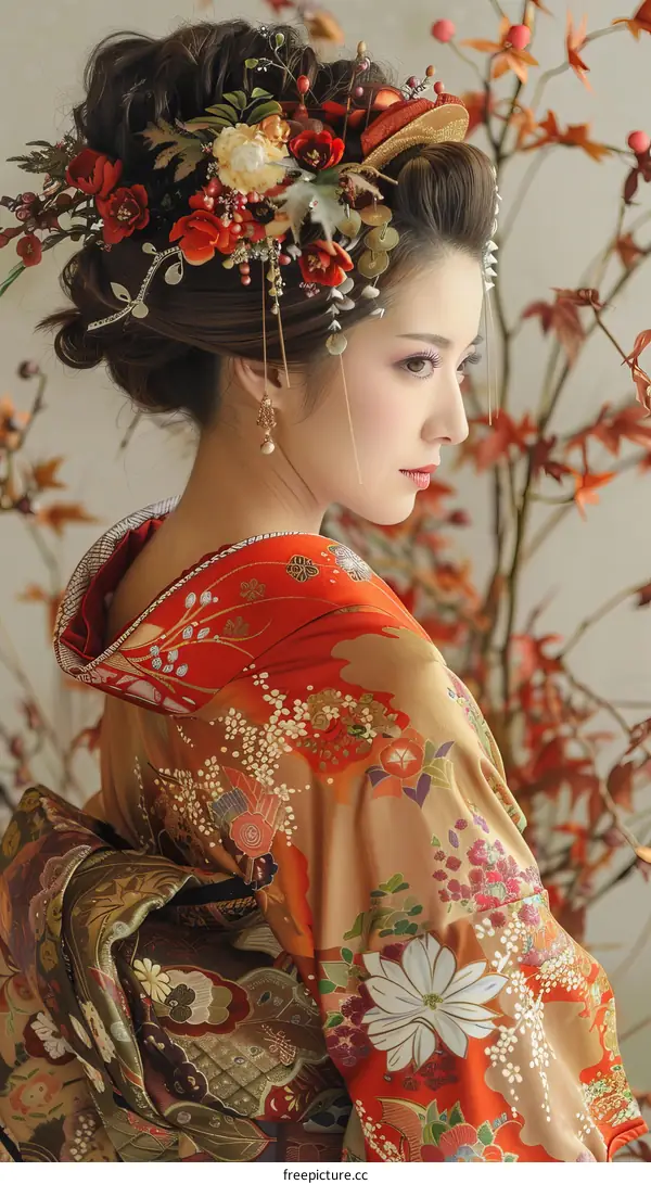 Portrait of a beautiful Japanese woman in traditional kimono with red and orange floral hair ornament and red maple leaves in the background