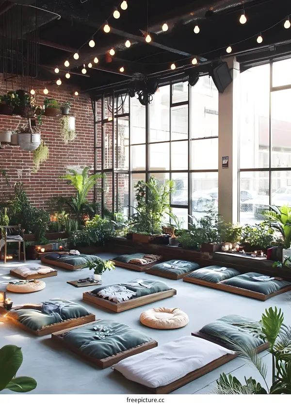Indoor Garden with Cushioned Seating and Large Windows