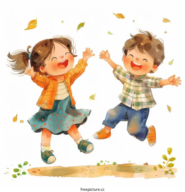 Two happy children jumping in the air