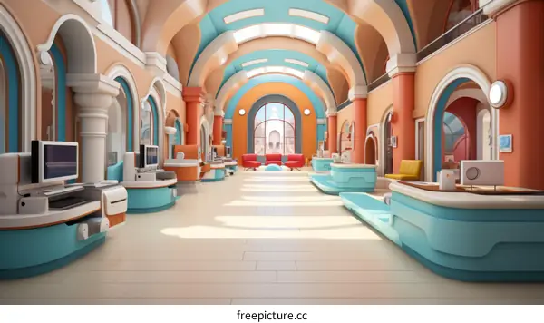 Retrofuturistic interior of a space station