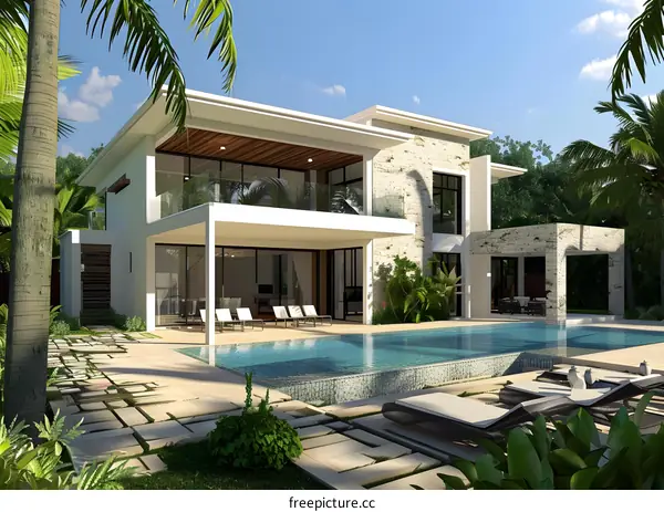 Modern Tropical Villa with Swimming Pool and Palm Trees