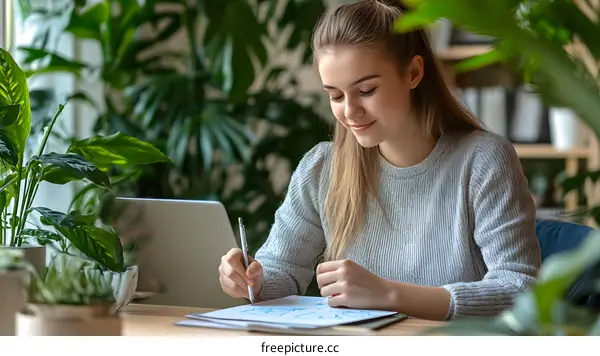 Woman Drawing in Home Office With Plants