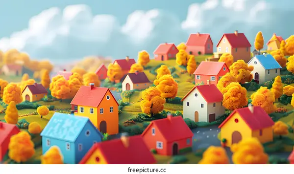 A collection of small colorful houses on a green hill.