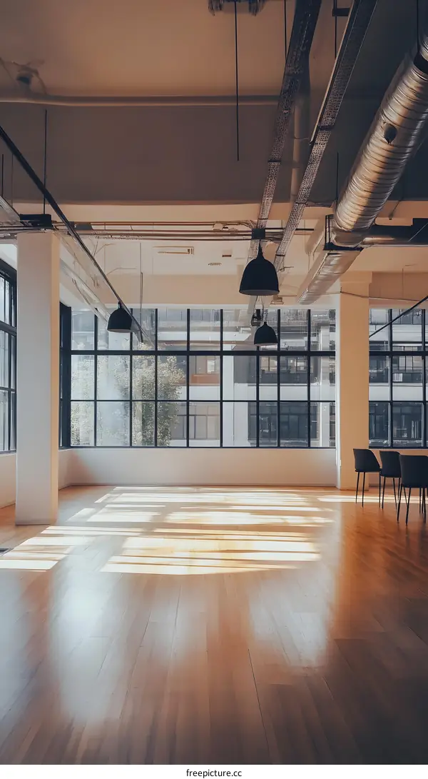 Empty Modern Office Space With Large Windows and Sunlight
