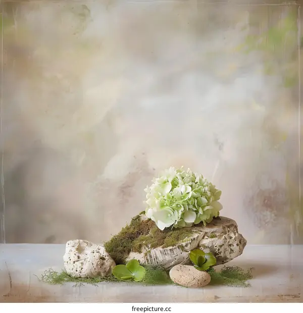 Hydrangea Flowers on Stone with Moss and Green Leaves on a Grunge Background
