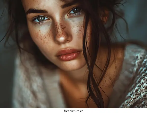 Portrait of a young woman with freckles