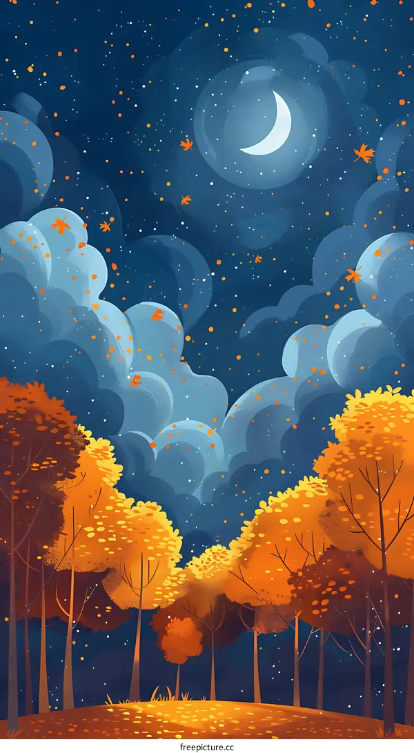 Autumn Night Sky with Crescent Moon and Stars
