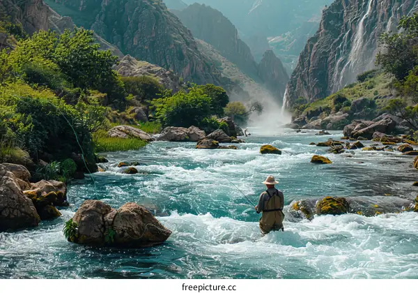 Man fly fishing in a fast flowing river with mountains in the background