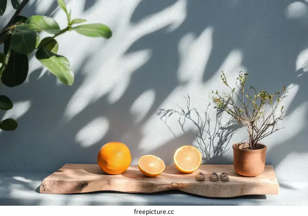 Fresh Oranges and Plants on Wooden Board Under Sunlight