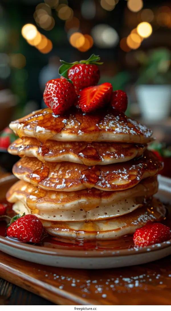 A decadent stack of pancakes topped with fresh strawberries and drizzled in maple syrup
