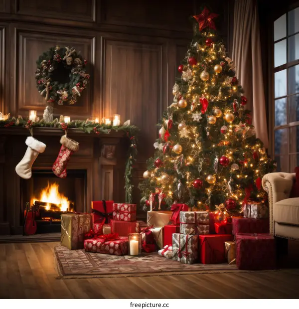 A beautifully decorated Christmas tree stands in a living room.