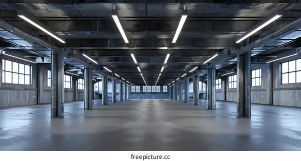 Industrial Building Interior with Concrete Columns and Fluorescent Lights