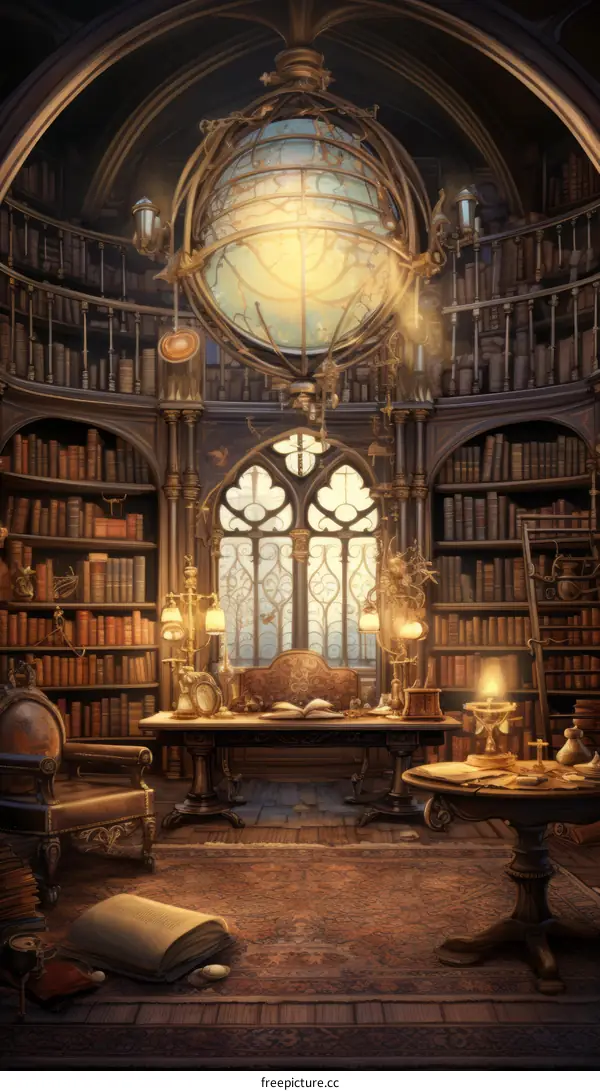 fantasy library interior bookcases globe window