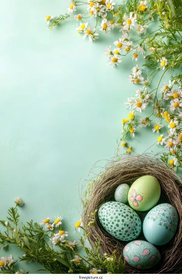 Spring Easter Eggs in a Nest with Flowers