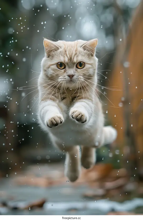 A ginger cat is jumping in mid-air with raindrops in the background