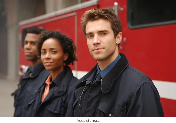 Three Firefighters Standing in Front of a Firetruck