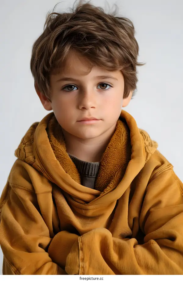 Young boy with brown hair in a yellow hoodie