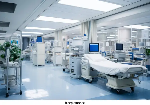A hospital room with a bed, medical equipment, and a plant