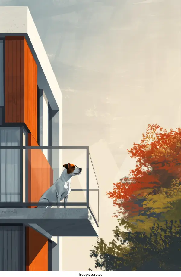 dog on a balcony looking at a tree with red leaves