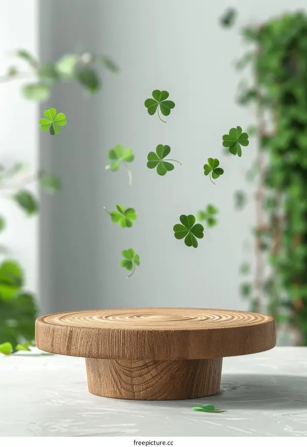 Wooden podium with blurred background and floating clovers
