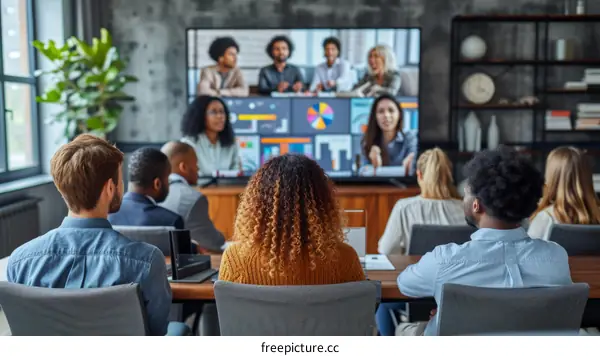 Group of multiethnic business people sitting in the office and having a video conference with colleagues on TV screen