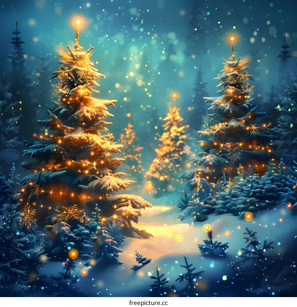 Christmas trees in a snowy forest