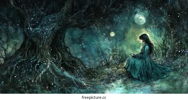 A Woman Sitting Underneath A Tree With Two Moons In The Sky