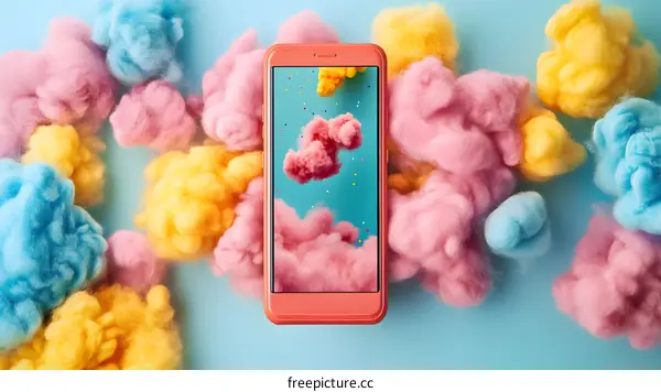 Pink and Blue Cotton Candy Clouds Surrounding a Smartphone