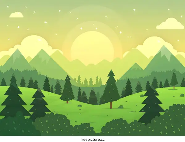 Green Mountain Landscape With Sun And Trees