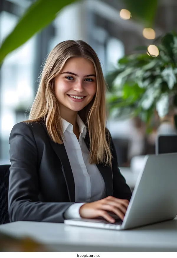 Smiling Business Woman Working On Laptop Computer In Modern Office