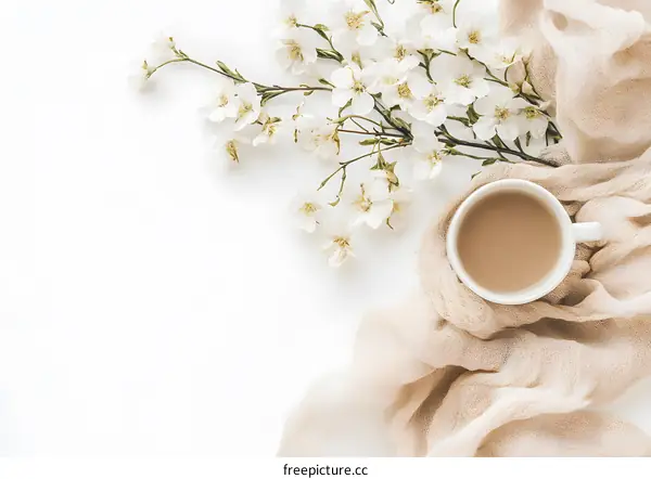 White Flowers and Coffee Mug on Beige Fabric Flat Lay