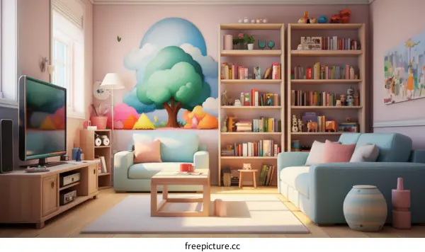 A Cozy Living Room With a Tree Mural