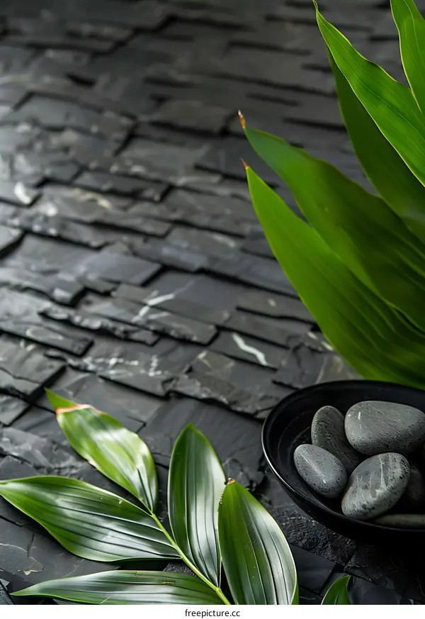 Green Leaves and Black Stones on Black Background