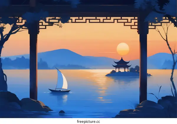 Beautiful Traditional Chinese Pavilion Overlooking Scenic Lake at Sunset