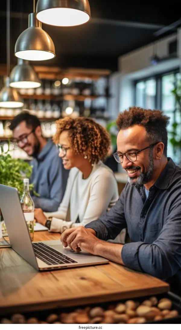 Smiling man and woman working together on a laptop in a cafe