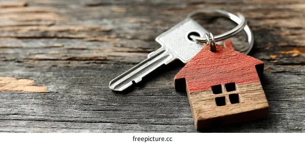 Real Estate Keys with House Keychain on Wooden Surface