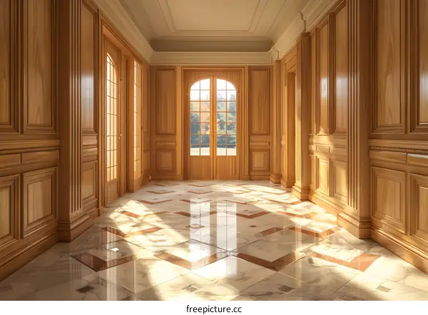 Wooden paneled hallway with marble floor