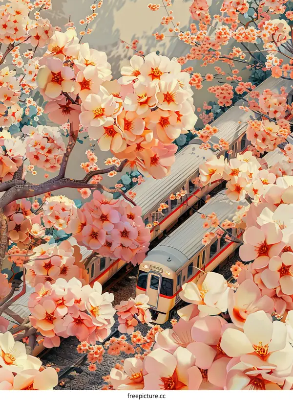 The train tracks are surrounded by cherry blossoms.