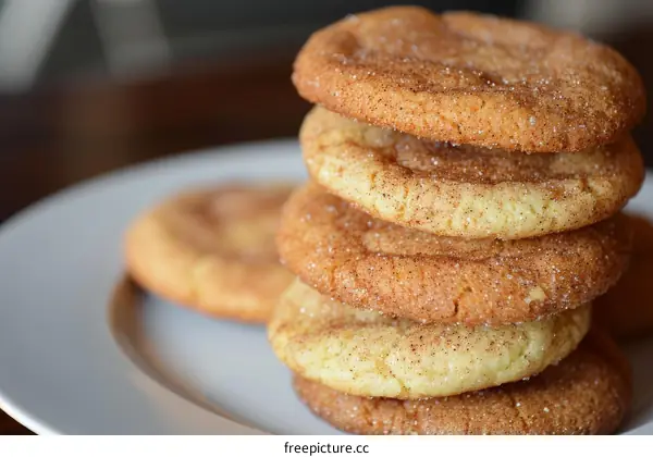A stack of four snickerdoodles on a white plate with a blurred background